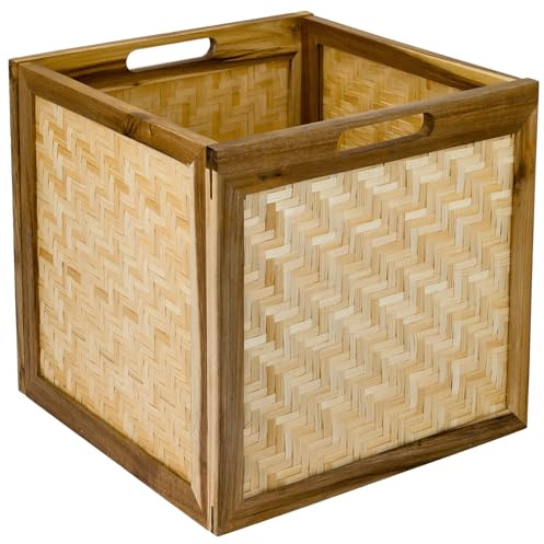 HMF - Cesta de almacenamiento adaptada para estanterías Kallax, cesta de ratán con trenzado vienés y madera de acacia | Motivo 1 | 32 x 34 x 32 cm