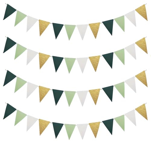 liuchanghe Lot de 4 Guirlande Fanion, Guirlandes de Fanions Extérieurs, Drapeau Triangulaire pour Mariage Anniversaire Baptême Jardin Fête Décoration (Vert Sauge Or Blanc)