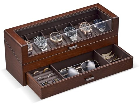 ProCase Coffret Montre Homme en Bois, Boîte à Montre 6 Emplacements avec Couvercle Transparent et Tiroir de Rangement -Noyer