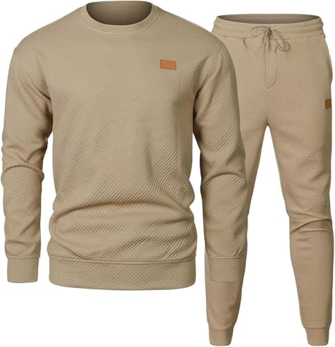 PADOLA Jogginganzug Herren 2 Teiliger Trainingsanzug Herbst Sportanzug Jacquard Pullover Rundhals Sweatshirt mit Jogginghose Winter Tracksuit Freizeitanzug Casual Set Streetwear (2 Khaki, L)
