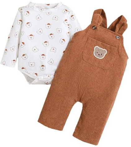 UUAISSO Vestiti per Neonati Maschi Top a Maniche Lunghe in Velluto Coste con Stampa di Orsi Pantaloni Bretelle Salopette con Tasche