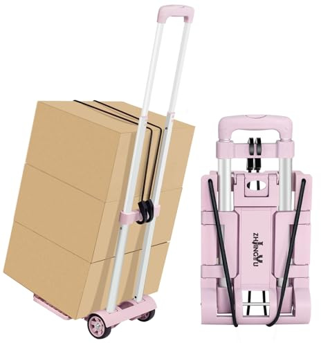 ZHJINGYU Carrello Pieghevole in Alluminio a 2 Ruote, Portata 35 kg, Rosa | Carrello pieghevole leggero e salvaspazio, asta telescopica e corde elastiche, ideale per spesa, traslochi e viaggi