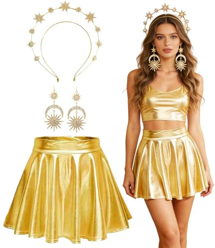 TAKONE Sonne Mond Sterne Kostüm – 3-teilig Gold Tellerrock Haarreif | 3-piece costume set with gold circle skirt, sun headband & earrings, lightweight wear