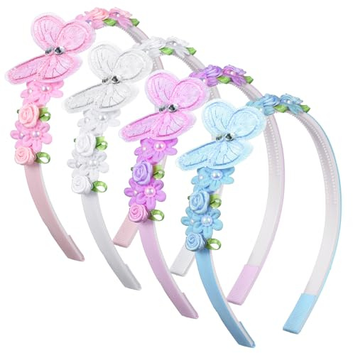 4PCS Butterfly Flower Headband, Non-Slip Cute Toddler Headbands | Exquisite Flower Butterfly Glitter Headbands for Girls, Toddlers, Children, and Teenagers