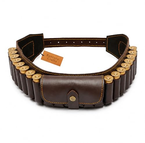 Bantoro Crafts Cinturón Bandolera para Cartuchos de Escopeta de Cuero Vacuno Genuino para Calibres 12 y 20 – Portacartuchos Ajustable para Caza, Tiro Deportivo y Actividades al Aire Libre