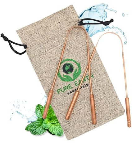PURE EARTH essentials Gratte-langue en cuivre pur pour adultes et enfants – Nettoyeur de langue ayurvédique avec étui – Nettoyeur de langue réutilisable pour une haleine fraîche et des soins