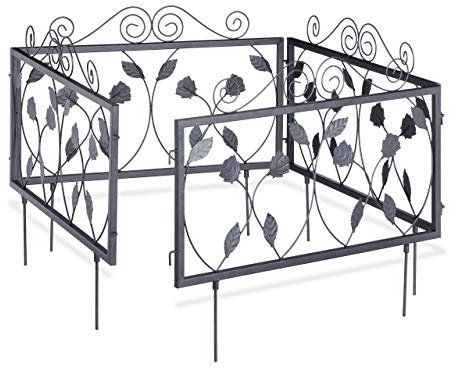 Relaxdays 4-teiliges Beetzaun Set, Metall, Beeteinfassung zum Stecken, 4 Vintage Zaunelemente mit Blättern, 2,25 m, schwarz