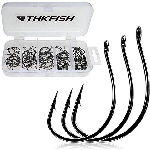 THKFISH 50PCS Angelhaken Angelzubehör Offset Haken Set Angelzubehör Set Wurmhaken Wallerangeln Dropshot Haken #3#2#1 1/0 2/0