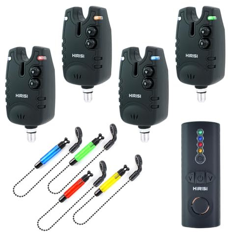Hirisi Tackle Drahtloses Karpfenangeln Bissanzeiger Set 4+1Wasserdichtes Angelzubehör Bissanzeiger mit Funk (FBM-SQ-4)