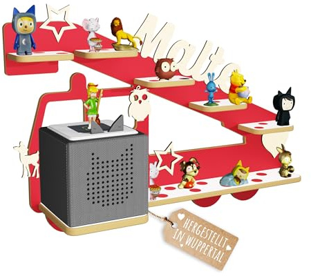 Holzura Kinderregal zur Tonie Aufbewahrung, Wandregal für Toniebox, Regale für Toniebox1, Kinderzimmer Wandregale für Musikbox und Tonie figuren, Motiv: Feuerwehr