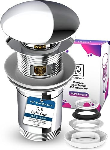 Waschbecken Ablaufgarnitur mit Überlauf Premium Pop Up Ventileinsätze aus Messing für Waschtisch - Chrom Ablaufventil mit 4 Ersatzdichtungen für Waschbecken Abflussgarnitur M. ROSENFELD HOME