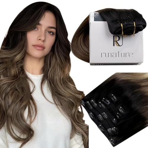 RUNATURE Haarverlängerung Echthaar Clip 55cm 7pcs 120g | Remy Clip in Extensions–hitzebeständig, nahtlos, atmungsaktiv. Für strahlenden Look mit sofortigem Volumen.