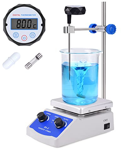 Slendor Agitateur magnétique SH-2 pour plaque chauffante - Max 271,1 °C - Agitateur de plaque chauffante de laboratoire - 2000 tr/min - Avec thermomètre, barre d'agitation et support de support