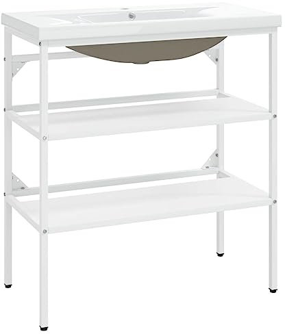 vidaXL Home Bathroom Washbasin Frame with Built-in Basin Home Bathroom Console Sink Frame Washbasin Stand Wash Basin Furniture White Iron