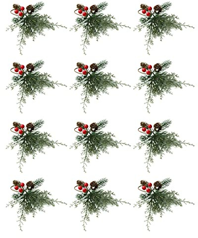 LouisaYork Christmas Napkin Rings Set of 12, Pine Cones Ring Decor Holder, Xmas Cedar Red Berry Wedding Party Champagne Bottle Banquet Table Decorations, Green