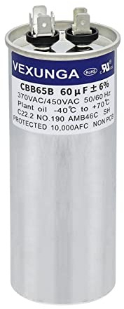 VEXUNGA Kondensator 60uF 60 MFD 370VAC 440VAC 450VAC 50/60Hz Runder AC Kondensatoren CBB65 für Klimaanlage Kompressor Motor Luft Wärmepumpe oder Lüftermotoren