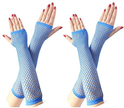 COSFAN 2 Paar Lange Netzhandschuhe, Damen Fingerlose Mesh Handschuhe, Mädchen Hohle Handschuhe für 80er Jahre Kostüm Tanz Party (Blau)