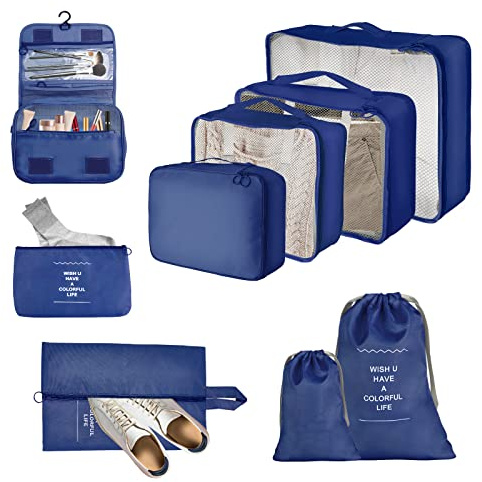 JOPHEK Organizer Valigie Viaggio Set di 9, Cubi di Imballaggio Borse da Viaggio Impermeabili per Vacanze e Viaggi, per ivestiti, Cosmetici, Scarpe, Intimo, blu navy