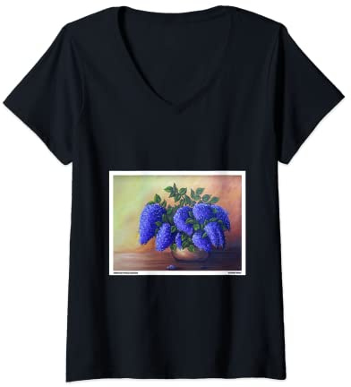 Femme Peinture florale en jacinthe de raisin et pervenche T-Shirt avec Col en V
