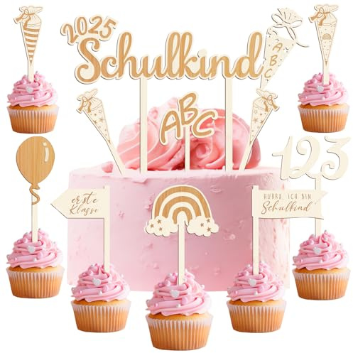 Humairc 2025 Tortendeko Einschulung 10tgl. aus Holz Junge Mädchen Schulkind Zuckertüte Cake Topper ABC 123 Cupcake Torte Deko Kuchendeko Schulanfang