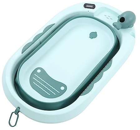 Faltbare Babybadewanne, Tragbare Reisebadewanne mit Temperatursensor, Sitz- und Liegebadewanne für Kinder, Kunststoff-Wäschekorbbecken mit Abflussloch für Neugeborene, Babys (Hellgrün)