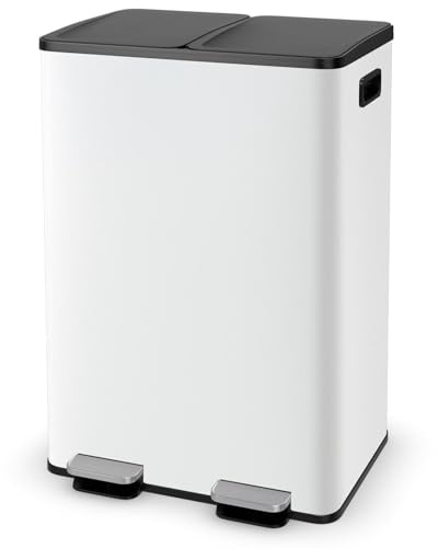 TANGZON 2x30L Recycling Pedal Bin, Double Kitchen Waste Bin with Plastic Inner Bucket, Soft Closure & Deodorant Boxes, Fingerprint Proof Airtight Stainless Steel Trash Can (White)
