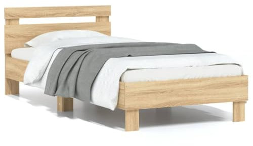 vidaXL Sängram med huvudgavel och LEDs sonoma-ek 75x190 cm, träsäng, säng i trä, sängram i trä, träsängar, sängar i trä, dubbelsäng, dubbelsängar