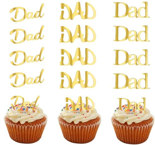 EDUEE Fathers Day Cupcake Toppers Acrylic 24pcs Gold Dad Cake Toppers for Best Dad Birthday Party Decorations
