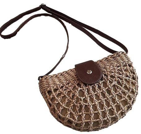 CaFfen Strohtasche Lässige Half Moon Damen Stroh Rattan Schultertasche Wicker Woven Lady Hollow Umhängetasche Sommer Strand Reise Kleine Handtasche Geldbörse Runde Strohtasche(A-Khaki)