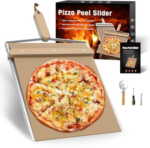 Pala per pizza scorrevole, 2024, in metallo, antiaderente, 30,5 cm, con manico staccabile in legno e cursore intelligente per trasferimento della pizza, bordo ultra sottile da 1 mm, per impasto della