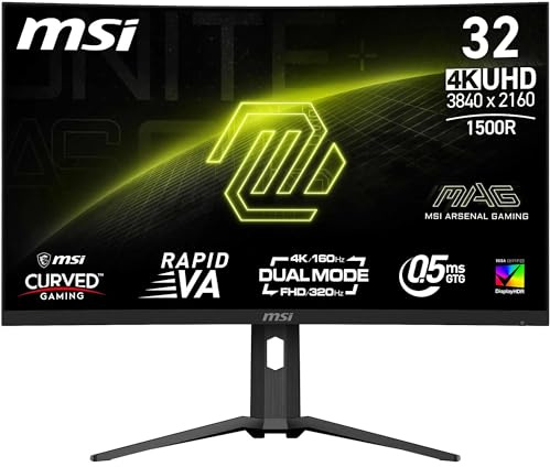 MSI MAG 321CUPDFDE 32 Zoll Curved UHD Gaming-Monitor - 1500R Rapid VA Panel, Dual Mode UHD@160hz / FHD@320Hz / 0,5 ms (GtG, Min.), Adaptive Sync– DP 1.4a, HDMI 2.1 CEC, USB Typ-C (DP alt. mit 15 W PD)
