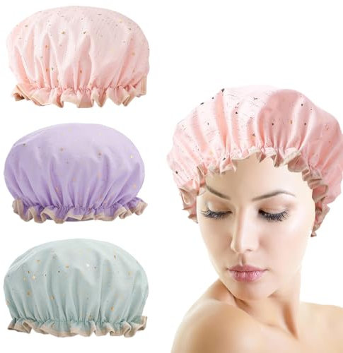 3 Pezzi Cuffia da Doccia Impermeabile, Cuffia Doccia Riutilizzabile,Doppio Strato Cuffie Capelli con Elastici,Elastica Shower Caps,per Donna Doccia Spa Salon