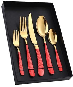 Ensemble de couverts en argenterie, 5/20/30/40/50/60 pièces Ensemble de vaisselle en acier inoxydable Coffret cadeau à cinq pièces principales Ensemble de couteaux, fourchettes et cuillères,Red Gold-1