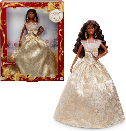 Barbie Poupée Barbie Joyeux Noël 2025 aux Cheveux Noirs emblématique Portant Une Robe Agent et Or, poupée Collector pour Les fêtes, avec Emballage de présentation et Socle, JBJ01