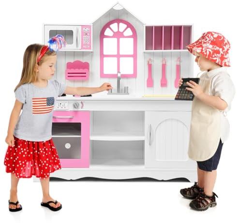 HOMASIS Spielküche, Kinderküche aus Holz, Spielzeugküche mit Spüle Herd Ofen Mikrowelle, mit 3 Kochutensilien, Holzküche mit Regal & Schrank, Kinderspielküche für Kinder ab 3 Jahre, Rosa+Weiß