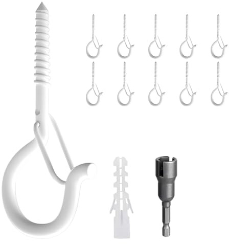 KUKUJIWA 10 Stück Edelstahl Schraubhaken,Wandhaken Zum Schrauben,Haken Zum Schrauben mit Sicherung,Schraubhaken Kann für Pflanzen, Blumentöpfe, Dekorative Lichter und Tassen Verwendet （Weiß