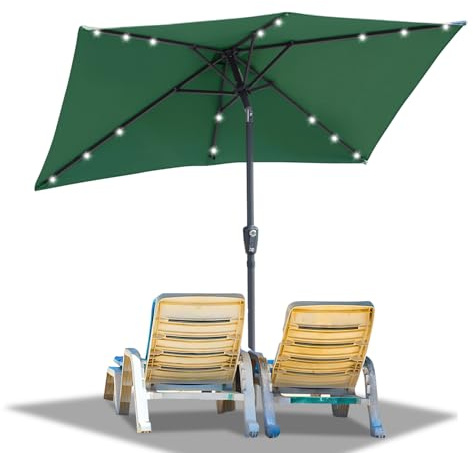 Ollewiellan Sonnenschirm LED Solar 210 x 140cm Grün mit Kurbel | Sonnenschirm Rechteckig Ampelschirm Gartenschirm Terrassenschirm Sonnenschutz UV50+ Knickbar wasserdicht für Garten, ohne Ständer