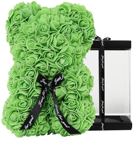 DuHouse Rose Bear Rose Teddy Bear Flower Gift Black Box per San Valentino Anniversario Festa della Mamma Natale, Compleanni Bridal Showers Completamente realizzato a mano 25,4 cm (Verde Chiaro)
