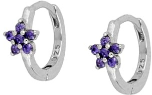 Pendientes de aro de plata, pendientes de aro de oro 925 lila con flores de circonita para mujer, joyas de Año Nuevo, 925 Sterling Silberrunde Form, Plata de ley, Circonia cúbica