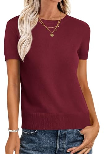 ANRABESS Womens Short Sleeve Sweaters Wool Blend Crew Neck Sweater Shirts Business Casual Work Tops 2026 Summer Outfits Wine Red M