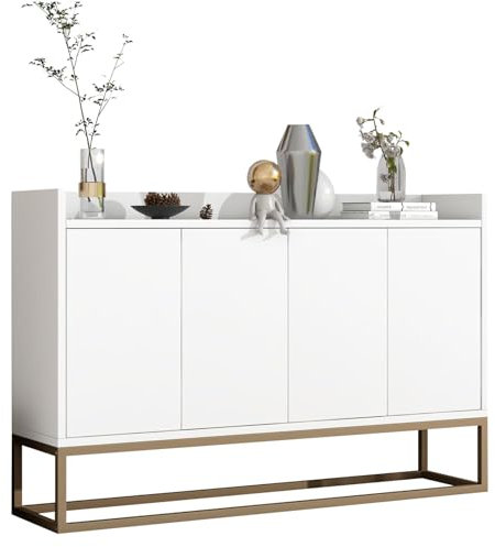 Skänk, byrå, vitt, köksskåp med 4 dörrar, byråer och skänk, trä, halkfri design, justerbara hyllor, multifunktionellt metallskåp för sovrum, vardagsrum, kök, kontor, hall