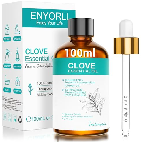 ENYORLI kryddnejlikeolja 100 ml eterisk olja för aromaterapi, hudvård och naturlig avslappning