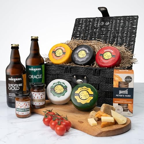 Cheese & Beer Hamper Gift Set | 5 Cheeses, 2 Chutneys, Crackers & 2 Craft Beers | Luxury Food Hamper for Men – Ideal Birthday, Thank You or Father’s Day Gift