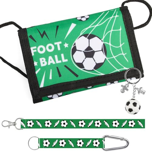 Brustbeutel Jungen, Dreifach Portmonee Kinder mit Schlüsselanhänger und 3 Schlüsselband, Portemonnaie Jungen Mädchen für Schultüte Füllung, Fußball Geschenk (C)