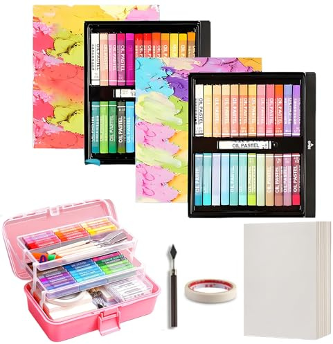 48 Farben Ölpastellkreide Weiche Ölpastell Set - mit 3-lagige Aufbewahrungsbox, Ölpastellpapier, Schaber, Klebeband Oil Pastels für Kunstbedarf, Malen, Zeichnen, Mischen für Künstler, Anfänger