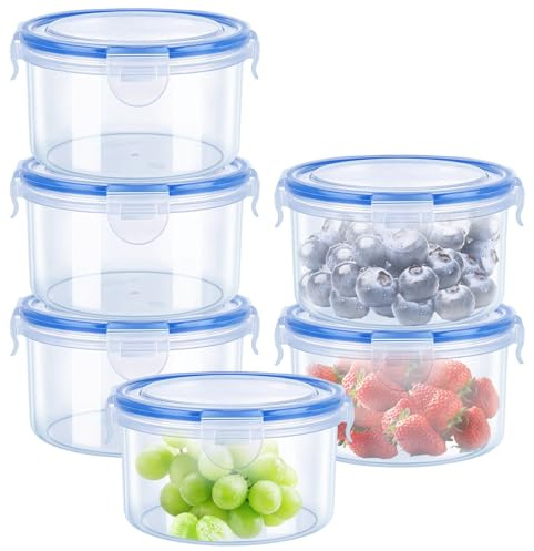 Food Containers with Lids, 6 Pack 300ml Plastic Reusable Snack Pots with Clip Lock, Round Clip Lock Food Containers, Leak-Proof Small Storage Container Set Stackable for Fruits Yoghurt Fridge & Travel