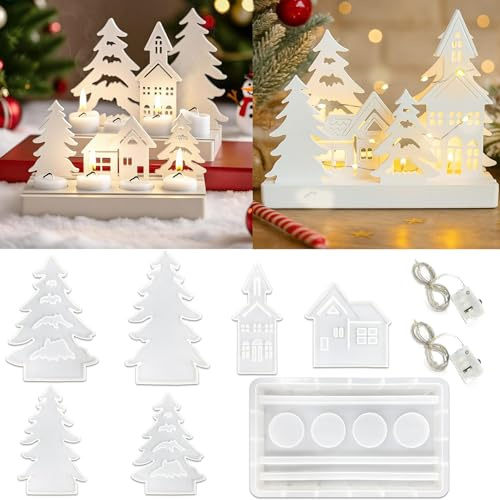 TZEKING 7 Stück Silikonformen Gießformen Weihnachten,Silikon Haus,Weihnachten Kerzenhalter,Gießformen Häuser,Gießform Tannenbaum,für die DIY Duftkerzenherstellung