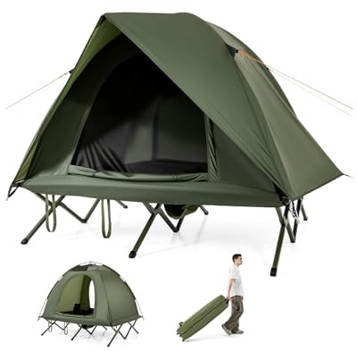HOMASIS Campingzelt mit Feldbett für 2 Personen, Campingbett mit Sonnendach & Regenschutz, Zelt mit 2 Türen, Fenster & Rolltasche, Campingliege mit Metallrahmen, 300 kg Tragkraft, Grün (194x145x150cm)