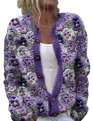 Generisch Strickjacke Damen Leichte Langarm Strickjacken mit Knöpfen Vintage 3D Digital Bedruckte Knitted Ugly Sweater Elegant Strick Cropped Cardigan V-Ausschnitt Y2k Sweater Jacket Strickpullover