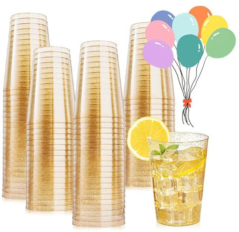 50 Vasos de Plástico Duro con Capa De Galvanoplastia De Color Metálico, Vasos de PS Reutilizables Para Cócteles, Champán, Cerveza, Martinis, Postres - Vasos para Fiestas, Cumpleaños (Brilla oro)